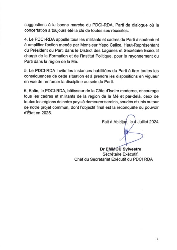 Réaction du PDCI RDA à la conférence de presse de DAME YAPO VALERIE YOLANDE 2