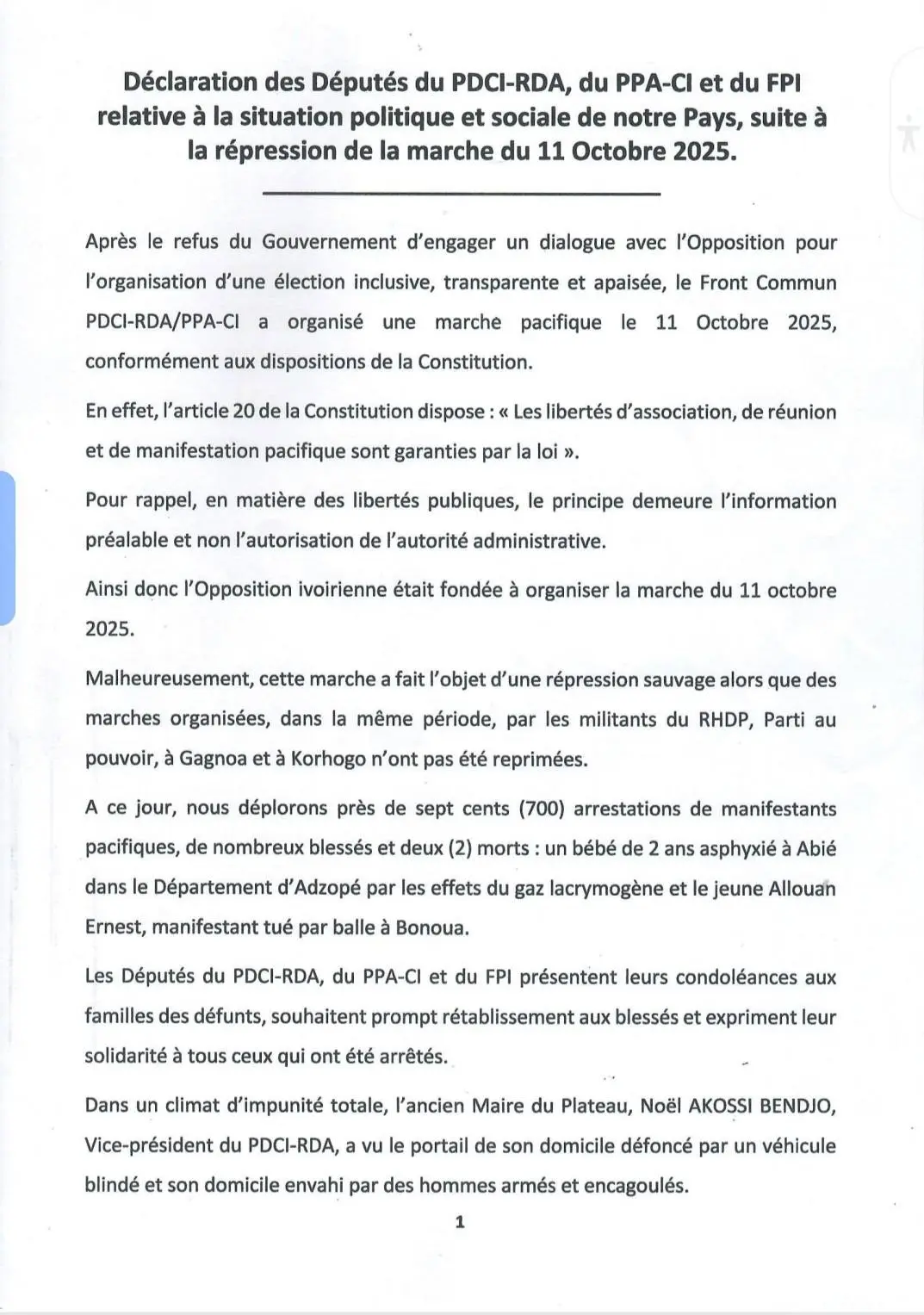 Le PDCI, PPA et le FPI appelent à un sursaut collectif