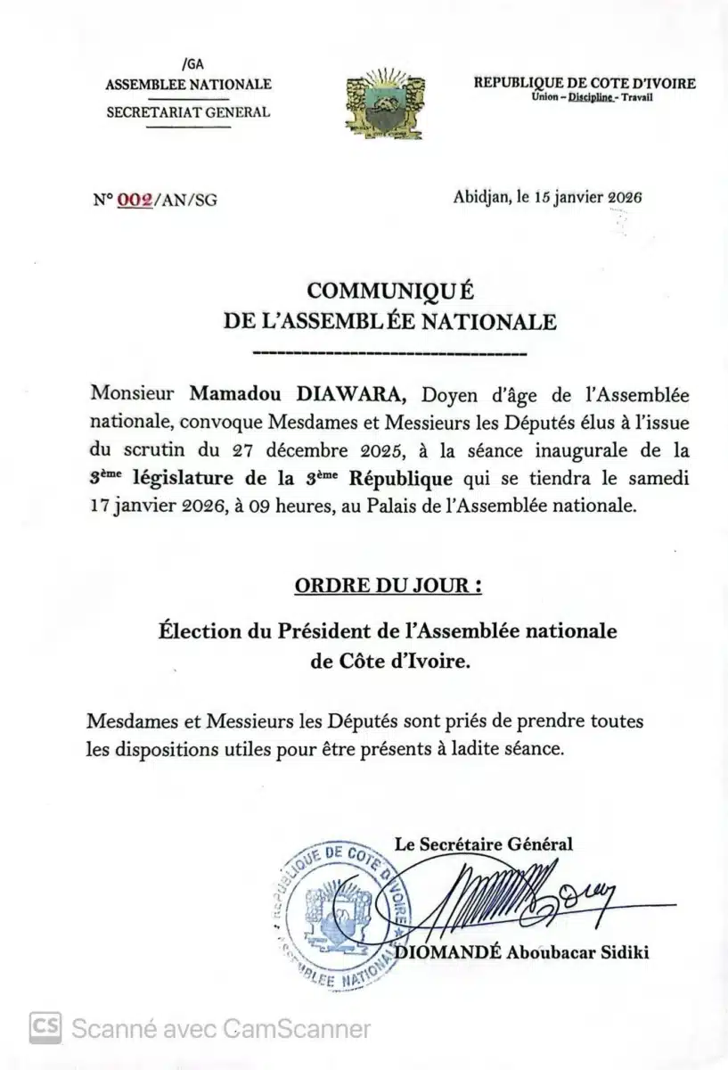 Côte d'Ivoire : la séance inaugurale de la 3ᵉ législature annoncée