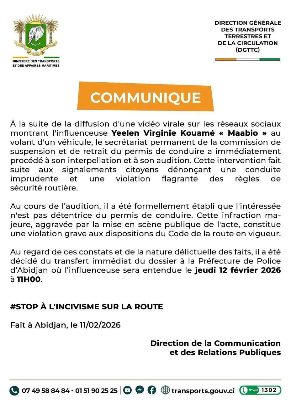 affaire Maa bio, communiqué de la DIRECTION GÉNÉRALE
DES TRANSPORTS
TERRESTRES ET DE LA CIRCULATION
(DGTTC)