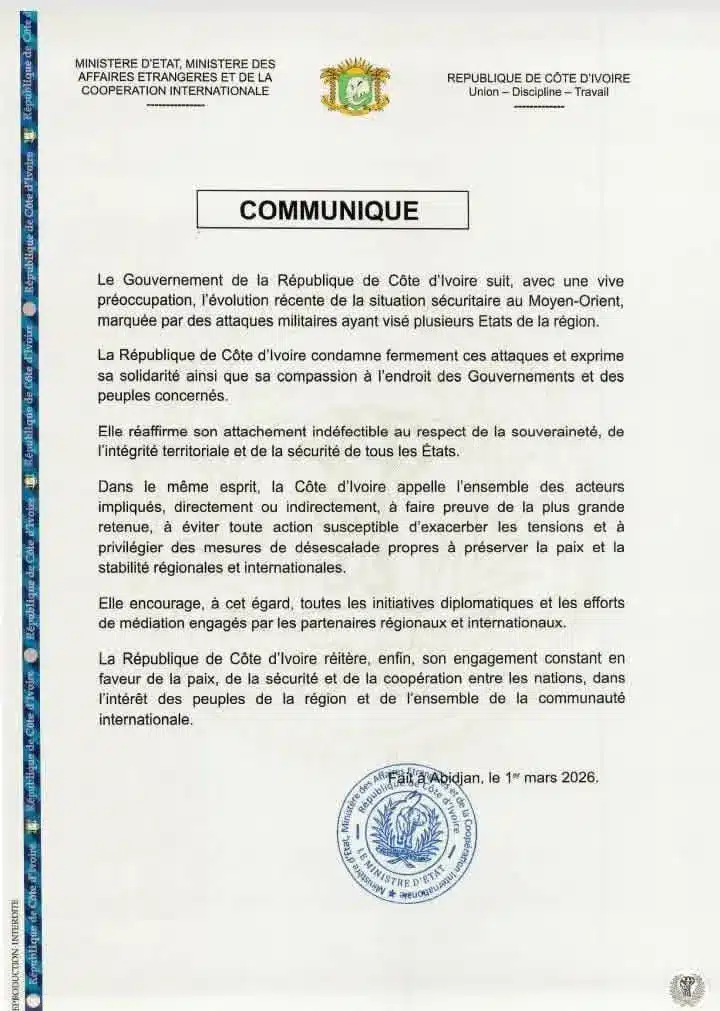Iran - conflit au moyen orient - La Côte d'ivoire condamne les 