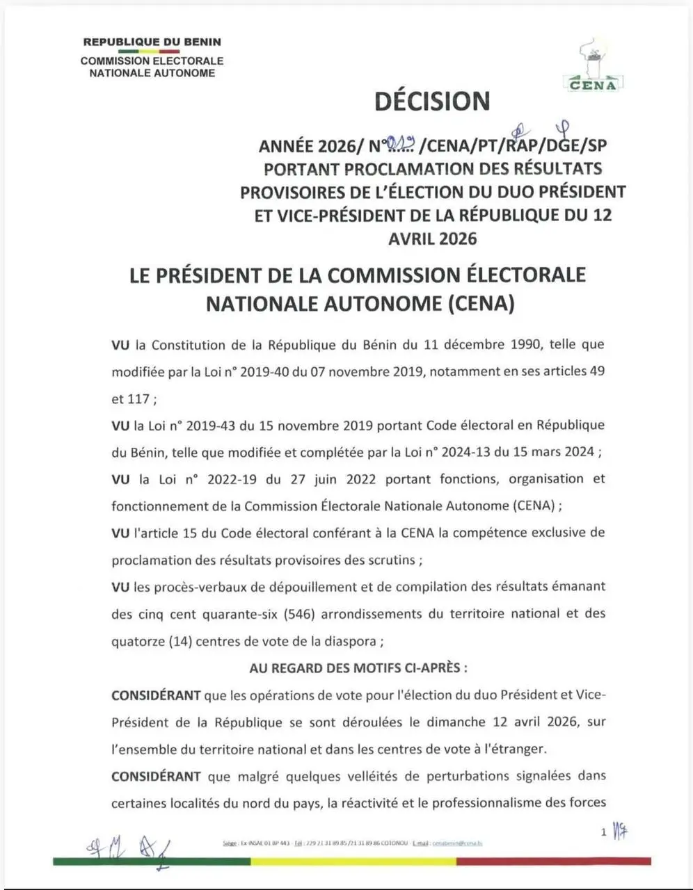 Résultats de la Présidentielle au Bénin