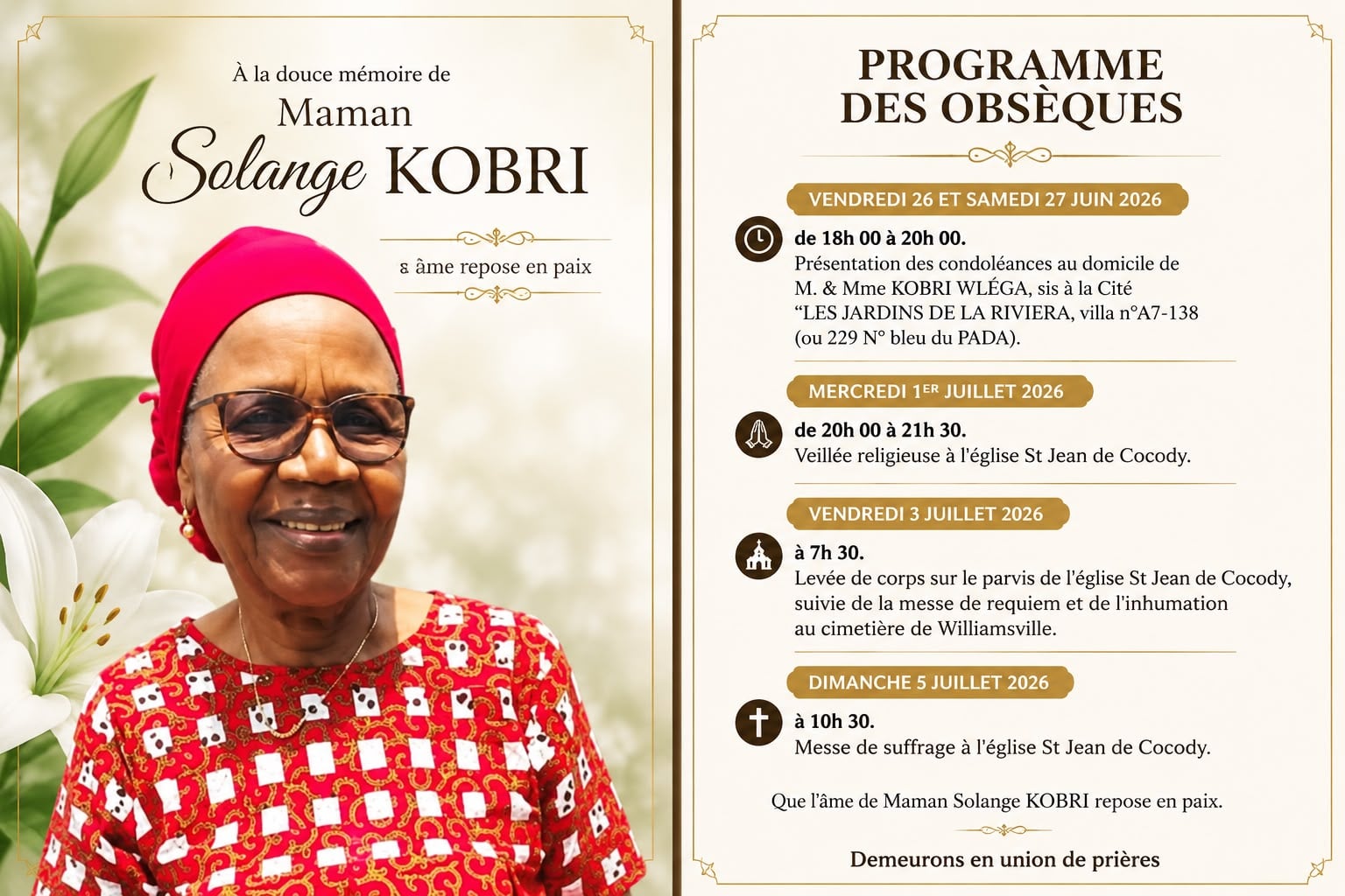 Nécrologie : Mme Solange Kobri, épouse de Kobri Wléga- journaliste à la retraite, est décédée Décès de Solange kobri wléga.