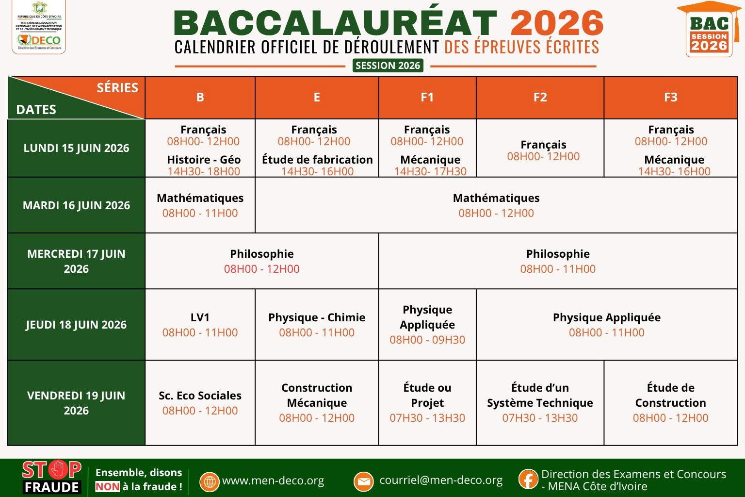 Côte d'Ivoire : calendrier des épreuves écrites du Bac 2026 - Afrique sur 7
