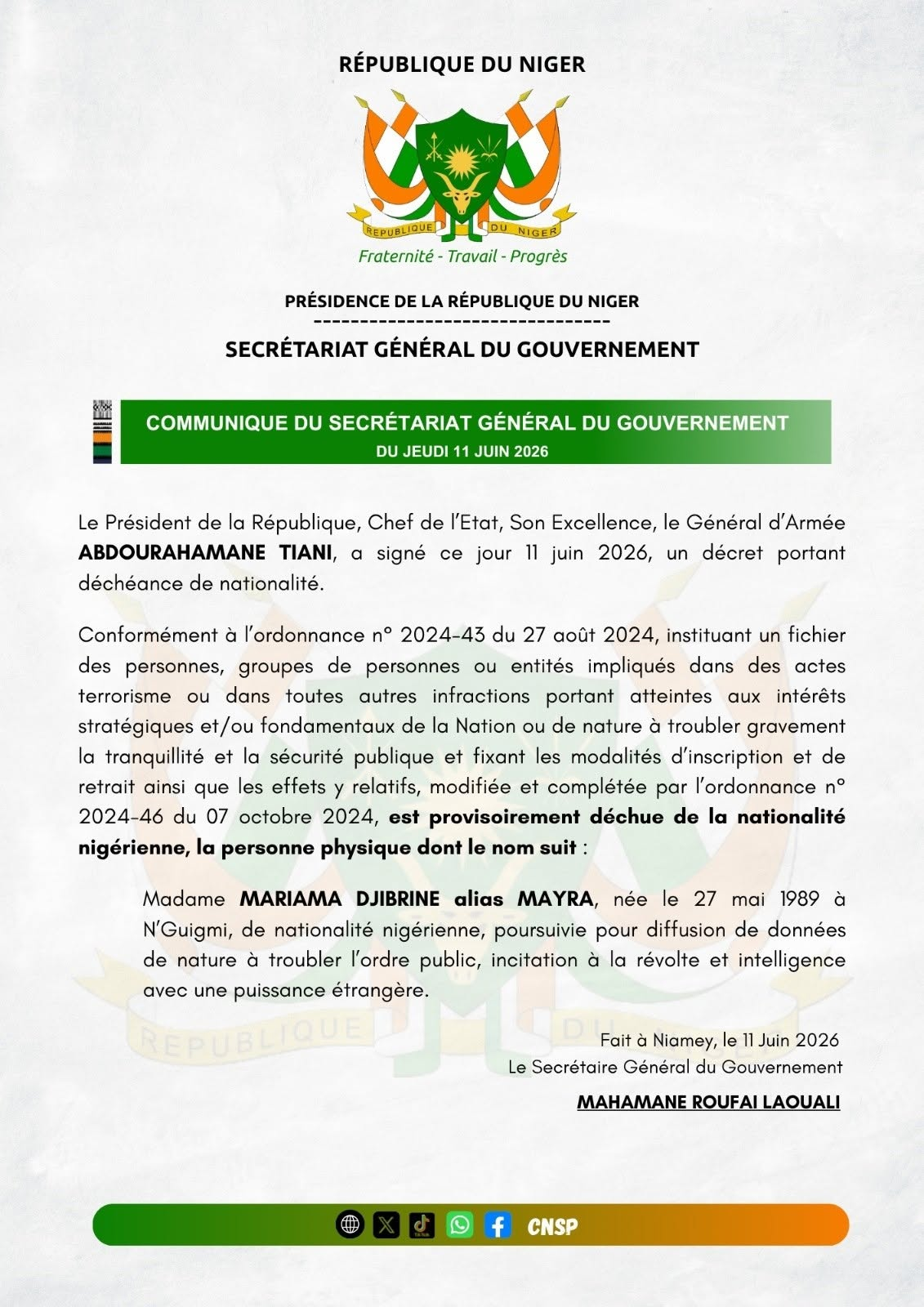 Mariama Djibrine déchue de la nationalité nigérienne Mariama Djibrine déchue de la nationalité nigérienne - Afrique sur 7