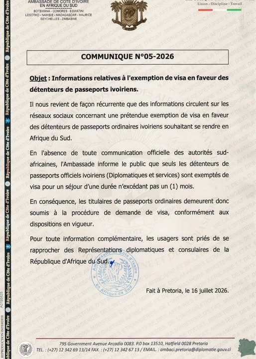 Afrique du Sud : pas d'exemption de visa pour les ressortissants ivoiriens Afrique du Sud : pas d'exemption de visa pour les ressortissants ivoiriens - Afrique sur 7