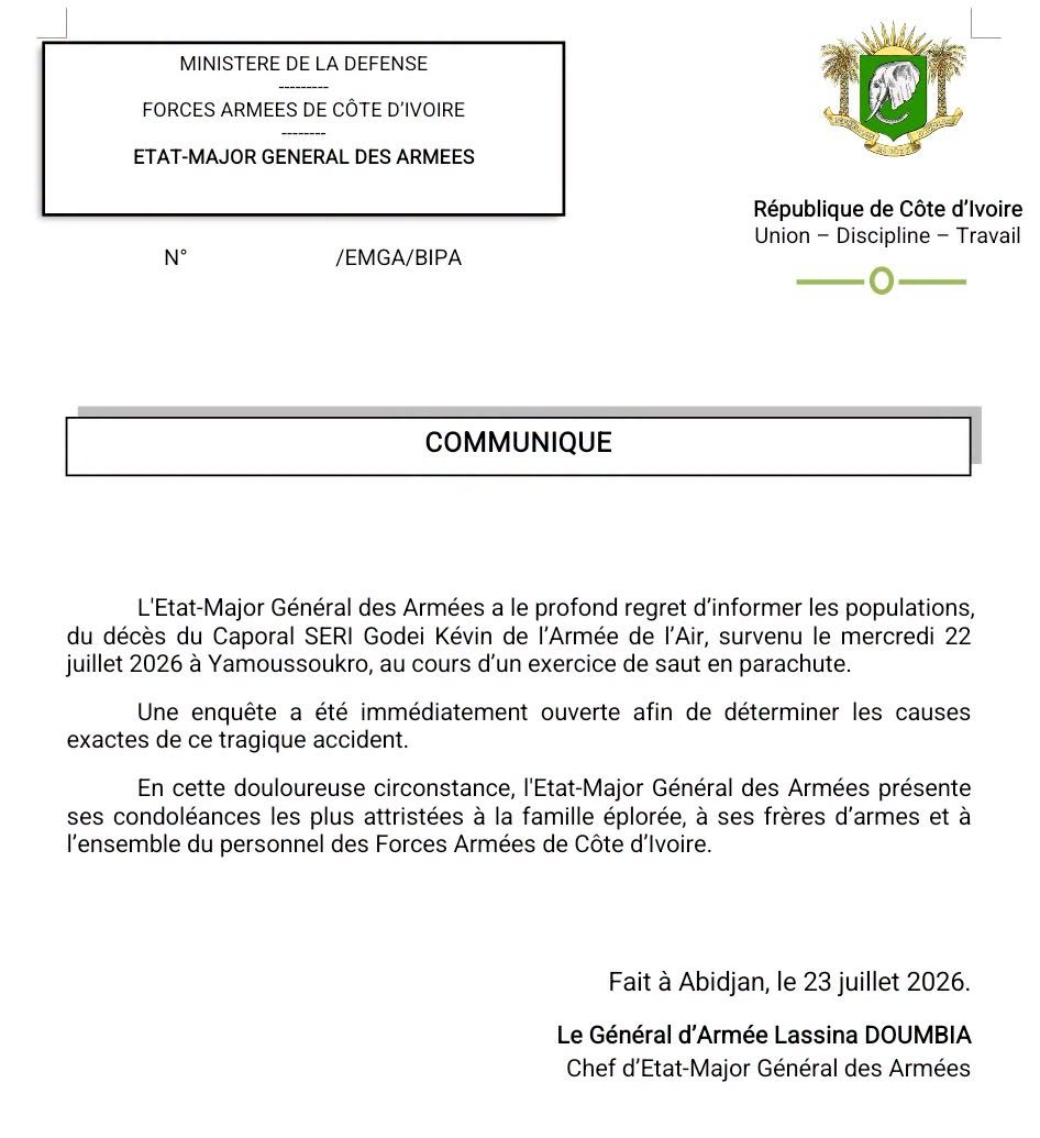 Côte d'Ivoire : le caporal Seri Godei Kévin décède lors d'un saut en parachute - Afrique sur 7