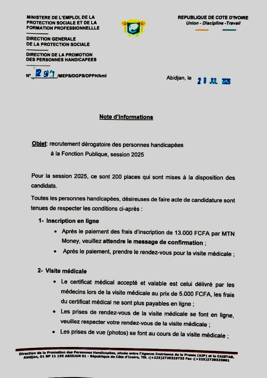 Côte d'Ivoire : 400 postes ouverts pour les personnes handicapées dans la Fonction publique Côte d'Ivoire : 400 postes ouverts pour les personnes handicapées dans la Fonction publique - Afrique sur 7