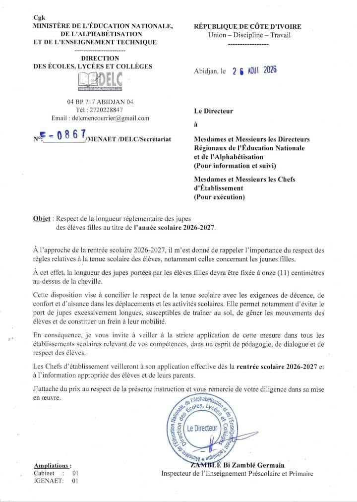 Côte d'Ivoire : voici la longueur de jupe exigée pour les élèves filles - Afrique sur 7