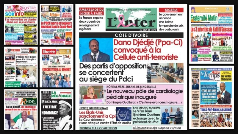 Titrologie du 10 octobre 2026 : montage des unes de L’Inter, Fraternité Matin, Le Temps, Soir Info et Le Matin