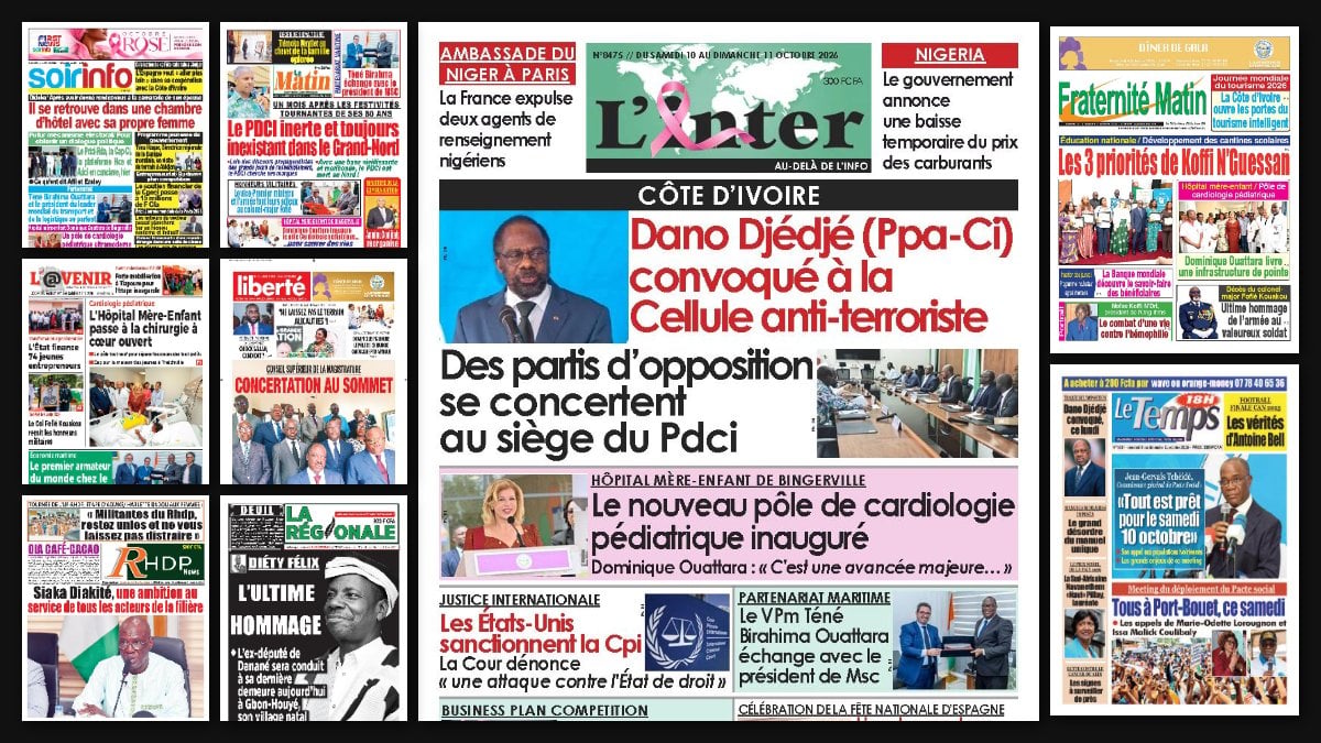 Titrologie du 10 octobre 2026 : montage des unes de L’Inter, Fraternité Matin, Le Temps, Soir Info et Le Matin