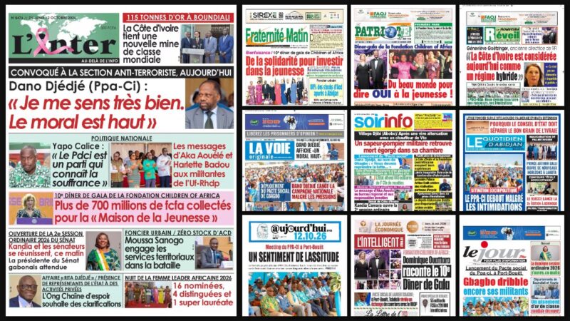 Titrologie du 12 octobre 2026 : montage des unes de L'Inter, Fraternité Matin, Le Patriote, Le Nouveau Réveil et La Voie originale
