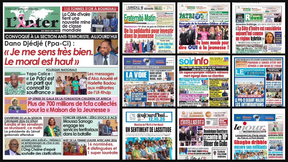Titrologie du 12 octobre 2026 : montage des unes de L'Inter, Fraternité Matin, Le Patriote, Le Nouveau Réveil et La Voie originale