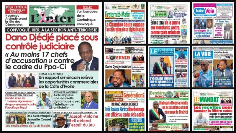 Titrologie du 13 octobre 2026 : montage des unes de L’Inter, Fraternité Matin, Le Nouveau Réveil, Notre Voie et L’Avenir