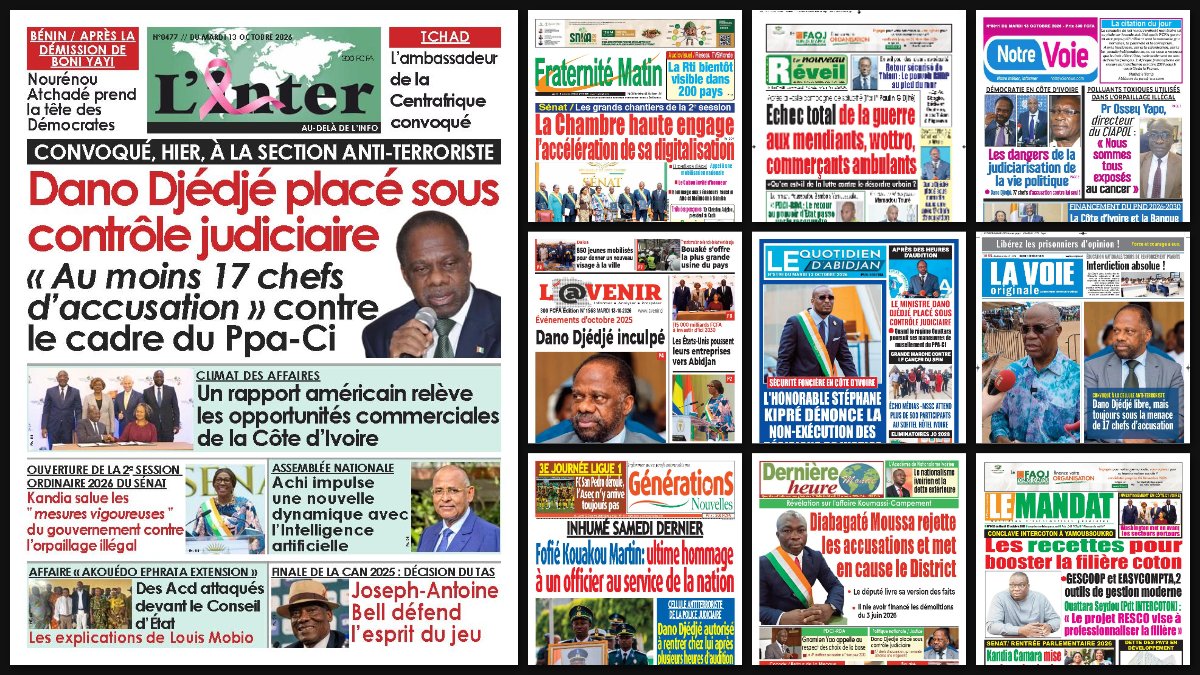 Titrologie du 13 octobre 2026 : montage des unes de L’Inter, Fraternité Matin, Le Nouveau Réveil, Notre Voie et L’Avenir