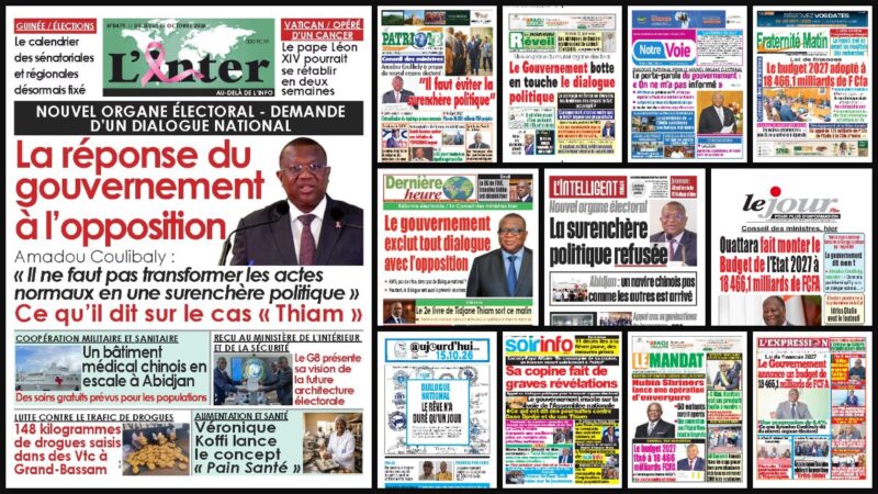 Titrologie du 15 octobre 2026 : montage des unes de L'Inter, Le Patriote, Le Nouveau Réveil, Notre Voie et Fraternité Matin