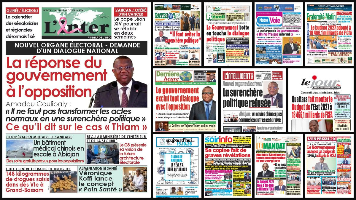 Titrologie du 15 octobre 2026 : montage des unes de L'Inter, Le Patriote, Le Nouveau Réveil, Notre Voie et Fraternité Matin