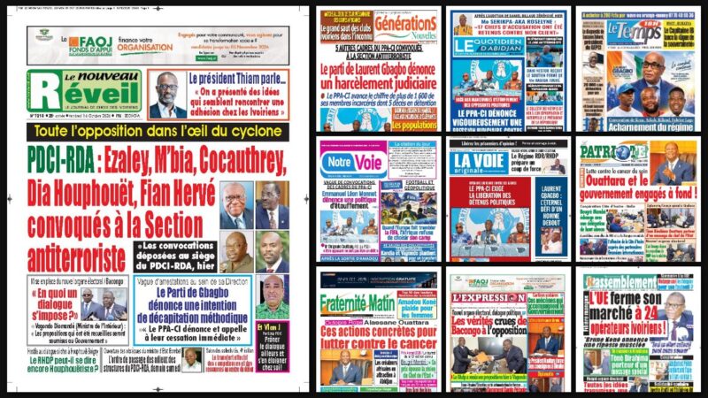 Titrologie du 16 octobre 2026 : montage des unes du Nouveau Réveil, de Générations Nouvelles, du Quotidien d'Abidjan, du Patriote et de Fraternité Matin