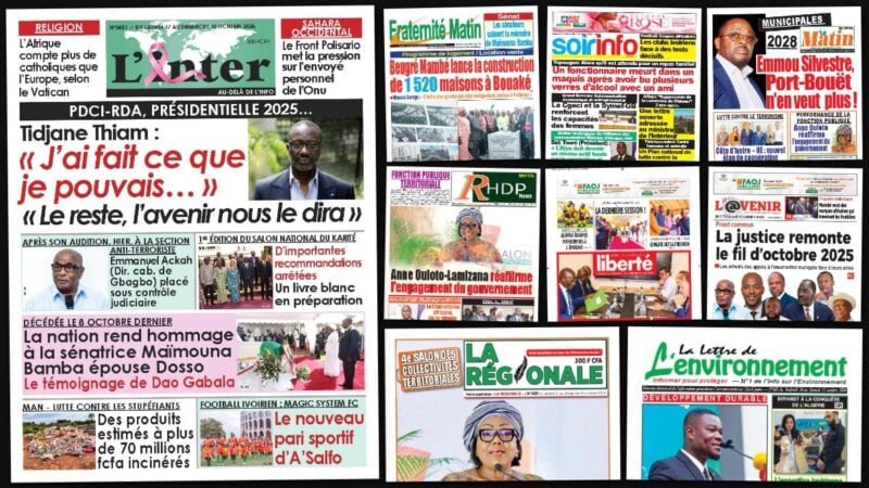Titrologie du 17 octobre 2026 : montage des unes de L'Inter, Fraternité Matin, Soir Info, Le Matin et L'Avenir