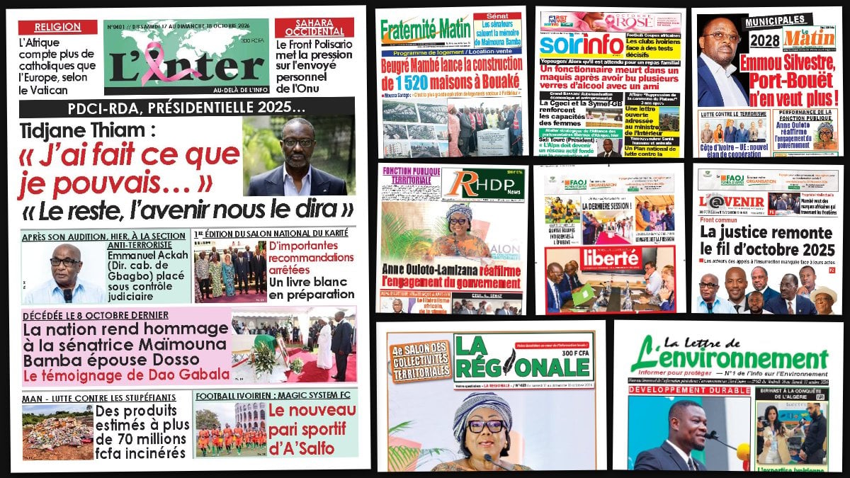 Titrologie du 17 octobre 2026 : montage des unes de L'Inter, Fraternité Matin, Soir Info, Le Matin et L'Avenir