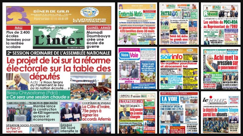 Titrologie du 2 octobre 2026 : montage des unes de L'Inter, Fraternité Matin, Le Patriote, Le Nouveau Réveil et Notre Voie