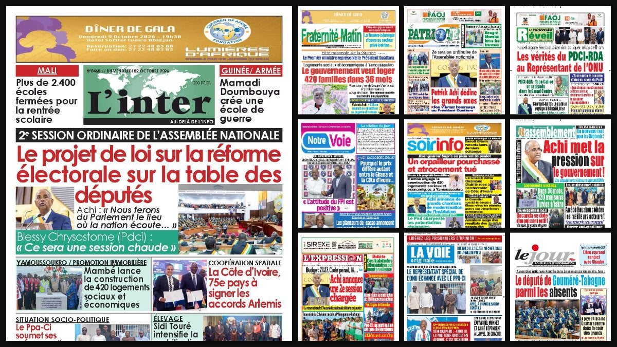 Titrologie du 2 octobre 2026 : montage des unes de L'Inter, Fraternité Matin, Le Patriote, Le Nouveau Réveil et Notre Voie