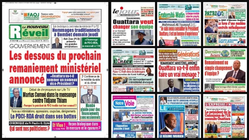 Titrologie du 21 octobre 2026 : montage des unes du Nouveau Réveil, du Jour Plus, de Fraternité Matin, du Patriote et de L'Inter