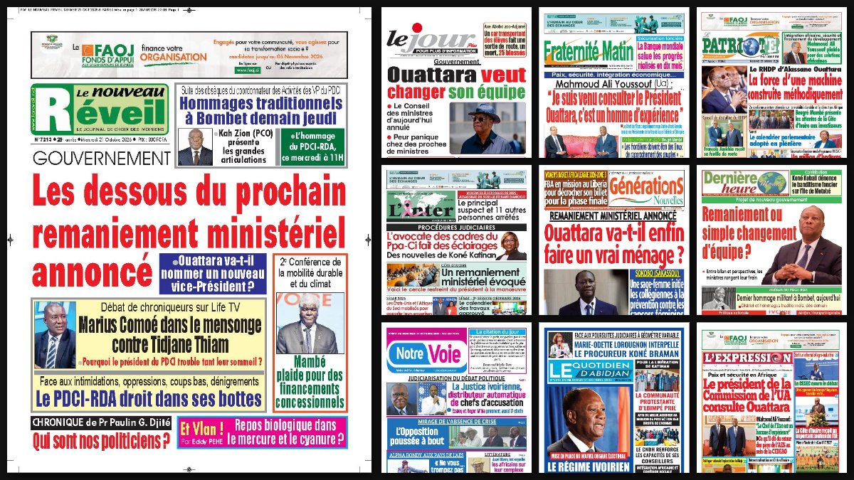 Titrologie du 21 octobre 2026 : montage des unes du Nouveau Réveil, du Jour Plus, de Fraternité Matin, du Patriote et de L'Inter