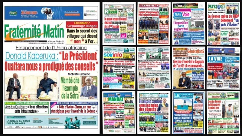 Titrologie du 22 octobre 2026 : montage des unes de Fraternité Matin, Le Nouveau Réveil, L'Expression, Notre Voie et Le Patriote