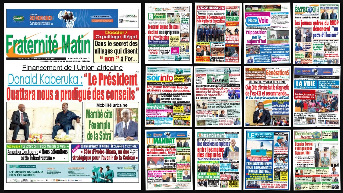 Titrologie du 22 octobre 2026 : montage des unes de Fraternité Matin, Le Nouveau Réveil, L'Expression, Notre Voie et Le Patriote