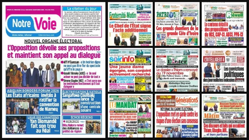 Titrologie du 23 octobre 2026 : montage des unes de Notre Voie, Fraternité Matin, Le Patriote, Le Nouveau Réveil et L'Inter