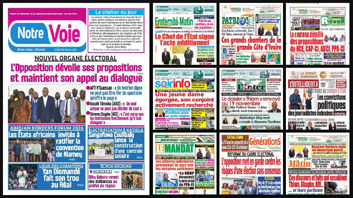 Titrologie du 23 octobre 2026 : montage des unes de Notre Voie, Fraternité Matin, Le Patriote, Le Nouveau Réveil et L'Inter