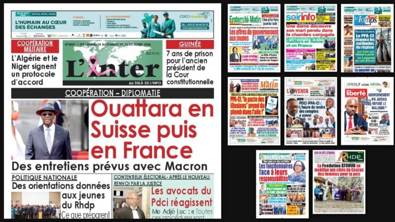 Titrologie du 24 octobre 2026 : montage des unes de L'Inter, Fraternité Matin, Soir Info, Le Temps et Le Matin