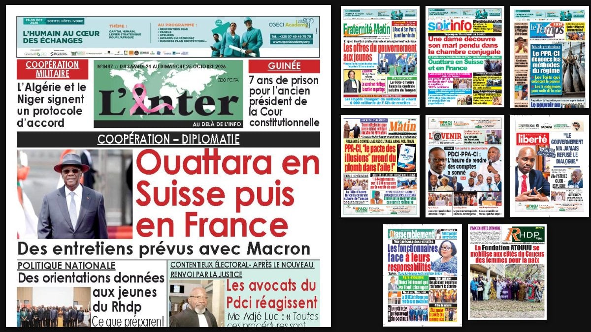 Titrologie du 24 octobre 2026 : montage des unes de L'Inter, Fraternité Matin, Soir Info, Le Temps et Le Matin