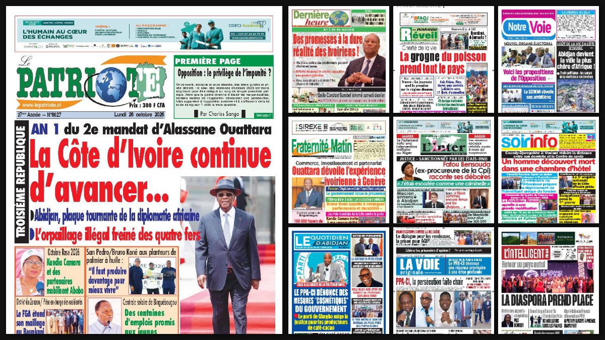 Titrologie du 26 octobre 2026 : montage des unes du Patriote, de Dernière Heure, du Nouveau Réveil, de Notre Voie et de Fraternité Matin