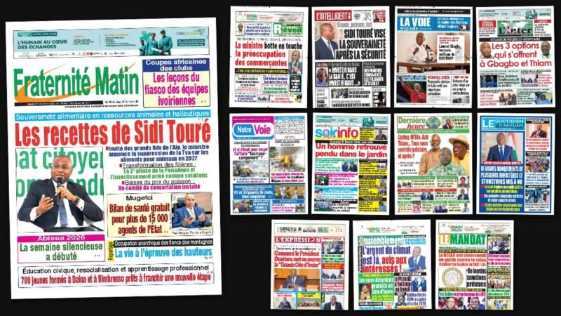 Titrologie du 27 octobre 2026 : montage des unes de Fraternité Matin, Le Nouveau Réveil, L'Intelligent d'Abidjan, La Voie originale et L'Inter