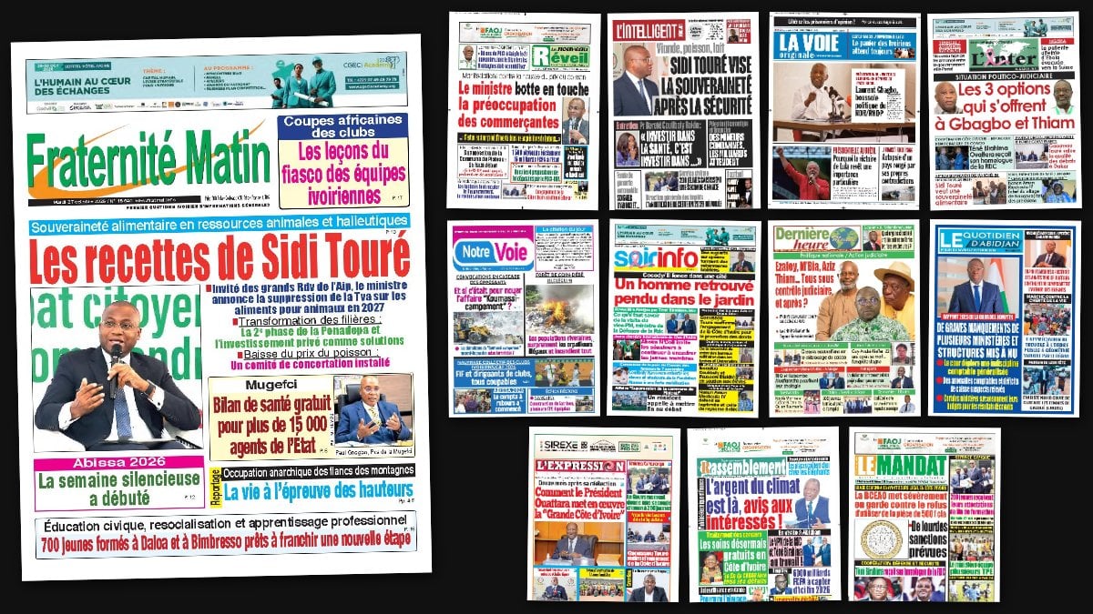 Titrologie du 27 octobre 2026 : montage des unes de Fraternité Matin, Le Nouveau Réveil, L'Intelligent d'Abidjan, La Voie originale et L'Inter