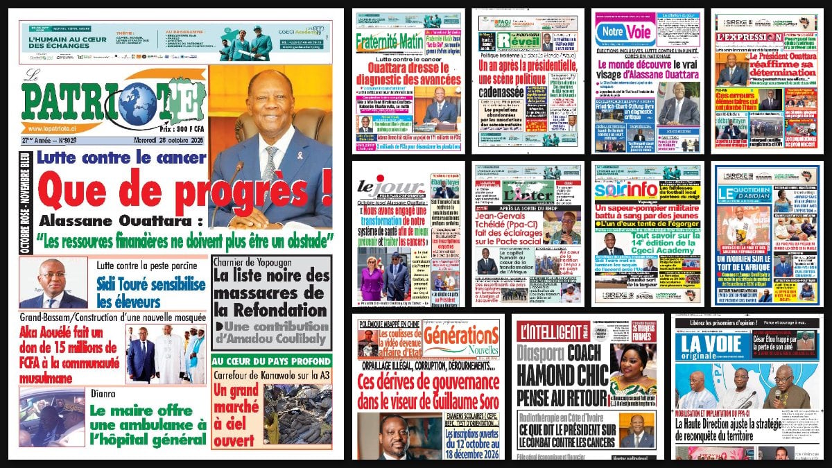Titrologie du 28 octobre 2026 : montage des unes du Patriote, de Fraternité Matin, du Nouveau Réveil, de Notre Voie et de L'Expression
