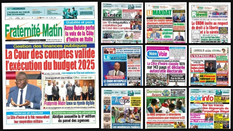Titrologie du 29 octobre 2026 : montage des unes de Fraternité Matin, L'Inter, Le Mandat, Le Nouveau Réveil et Notre Voie