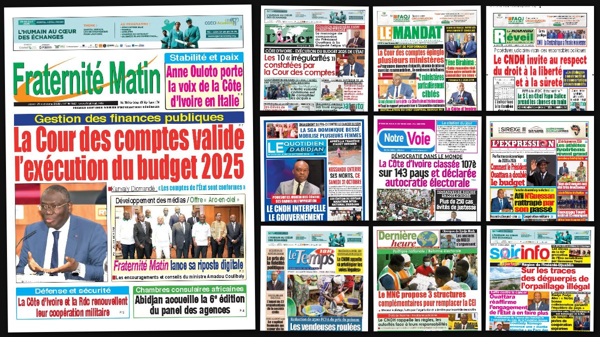 Titrologie du 29 octobre 2026 : montage des unes de Fraternité Matin, L'Inter, Le Mandat, Le Nouveau Réveil et Notre Voie