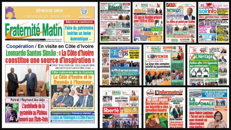 Titrologie du 3 octobre 2026 : montage des unes de Fraternité Matin, L'Inter, Le Matin, Le Patriote et Le Temps