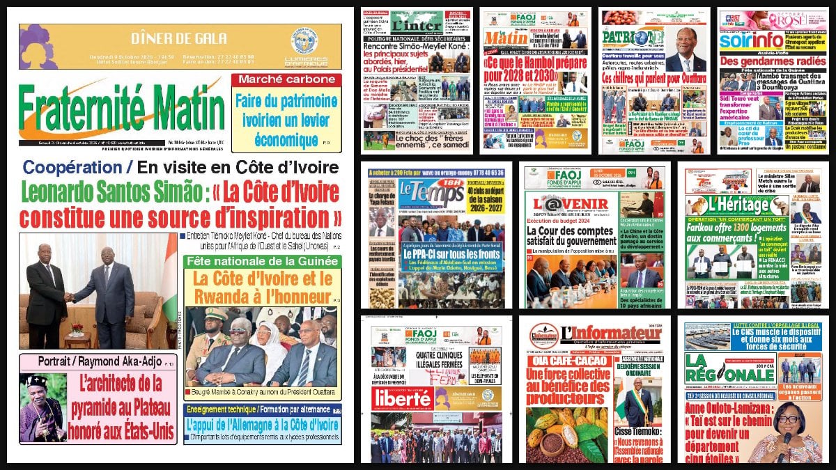 Titrologie du 3 octobre 2026 : montage des unes de Fraternité Matin, L'Inter, Le Matin, Le Patriote et Le Temps