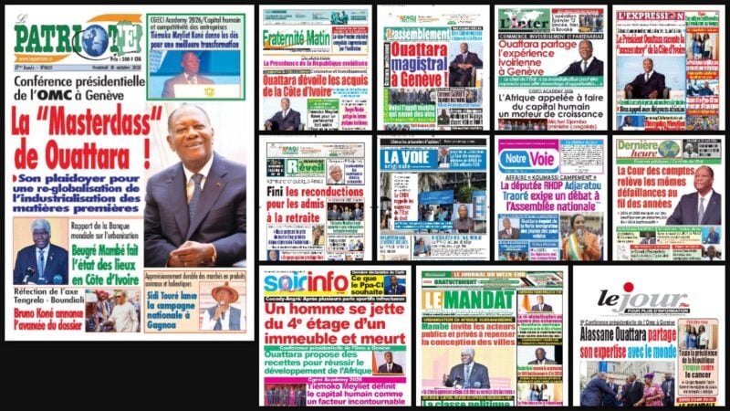 Titrologie du 30 octobre 2026 : montage des unes du Patriote, de Fraternité Matin, du Nouveau Réveil, de Notre Voie et de Dernière Heure