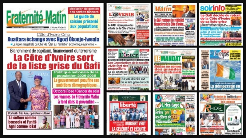 Titrologie du 31 octobre 2026 : montage des unes de Fraternité Matin, Soir Info, L'Inter, Le Matin et Le Temps
