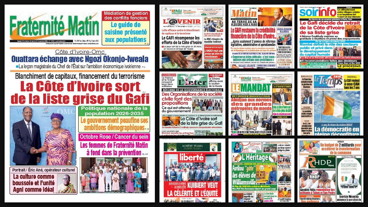 Titrologie du 31 octobre 2026 : montage des unes de Fraternité Matin, Soir Info, L'Inter, Le Matin et Le Temps