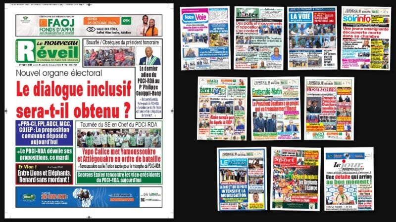 Titrologie du 5 octobre 2026 : montage des unes du Nouveau Réveil, de Notre Voie, de L'Inter, de La Voie originale et de Soir Info
