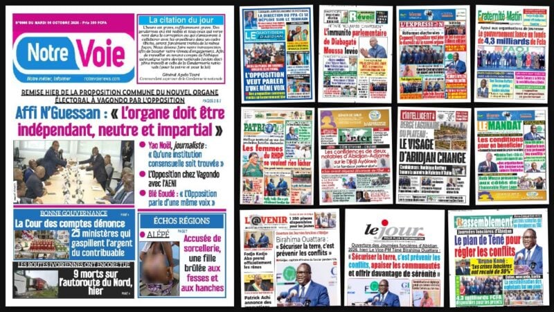 Titrologie du 6 octobre 2026 : montage des unes de Notre Voie, Le Quotidien d'Abidjan, Le Nouveau Réveil, L'Expression et Fraternité Matin