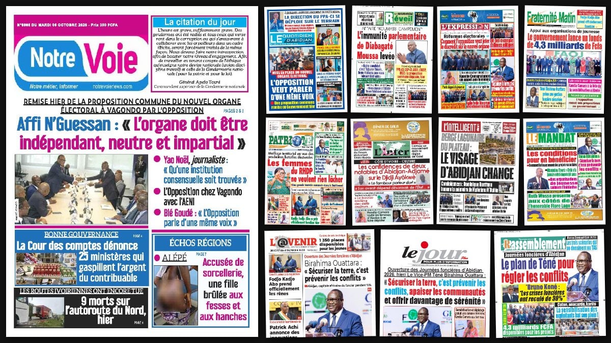 Titrologie du 6 octobre 2026 : montage des unes de Notre Voie, Le Quotidien d'Abidjan, Le Nouveau Réveil, L'Expression et Fraternité Matin