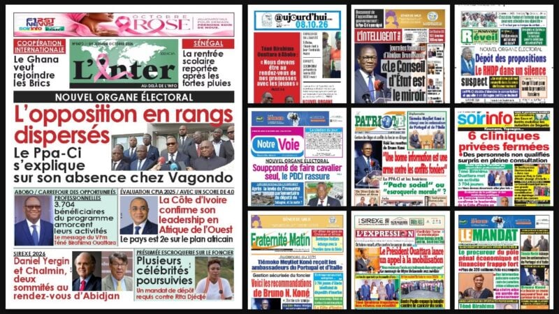 Titrologie du 8 octobre 2026 : montage des unes de L'Inter, Aujourd'hui, L'Intelligent d'Abidjan, Le Nouveau Réveil et Le Patriote