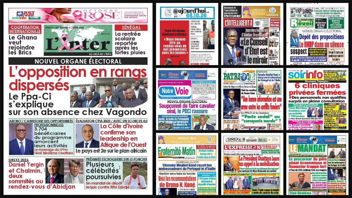 Titrologie du 8 octobre 2026 : montage des unes de L'Inter, Aujourd'hui, L'Intelligent d'Abidjan, Le Nouveau Réveil et Le Patriote